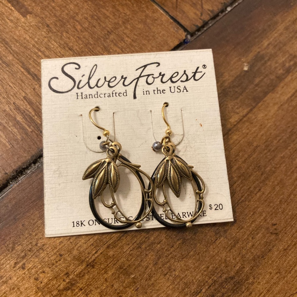 Silver Forest Gold and Black Leaf Earrings